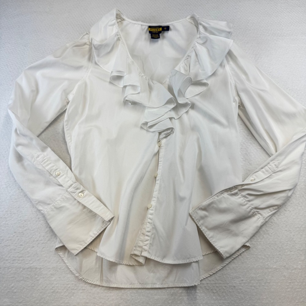 Ralph Lauren Rugby Blouse Womens 12 White Excellent Ruffle V-Neck Cotton Poplin